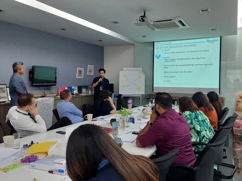 Corporate training session demonstrating DoerHRM's OKR software in action, with a presenter engaging participants.